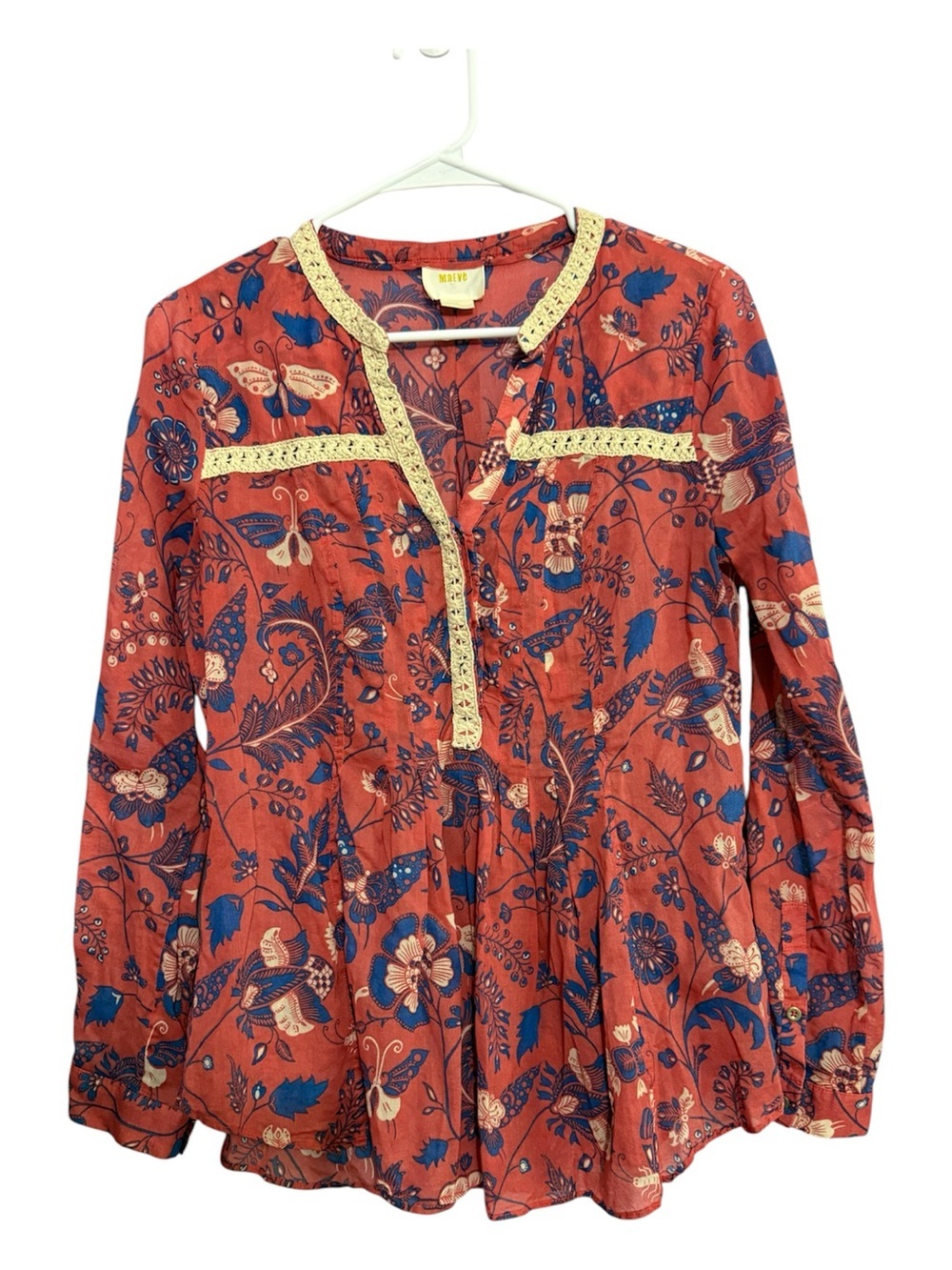 Maeve Anthropologie Abella Floral Butterfly Pintuck Blouse Crochet Trim Size 4